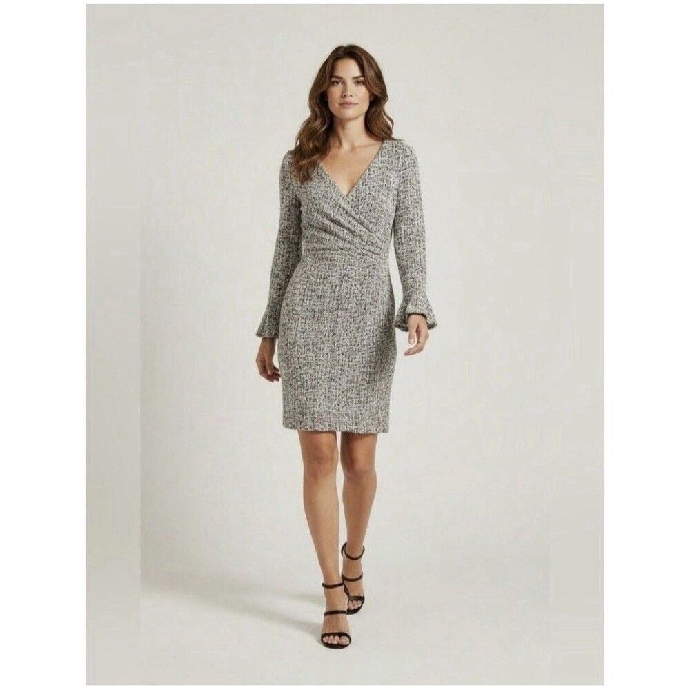 Lauren Ralph Lauren Tweed Dress Size 6 V Neck Faux Wrap Long Sleeve Bell Cuffs